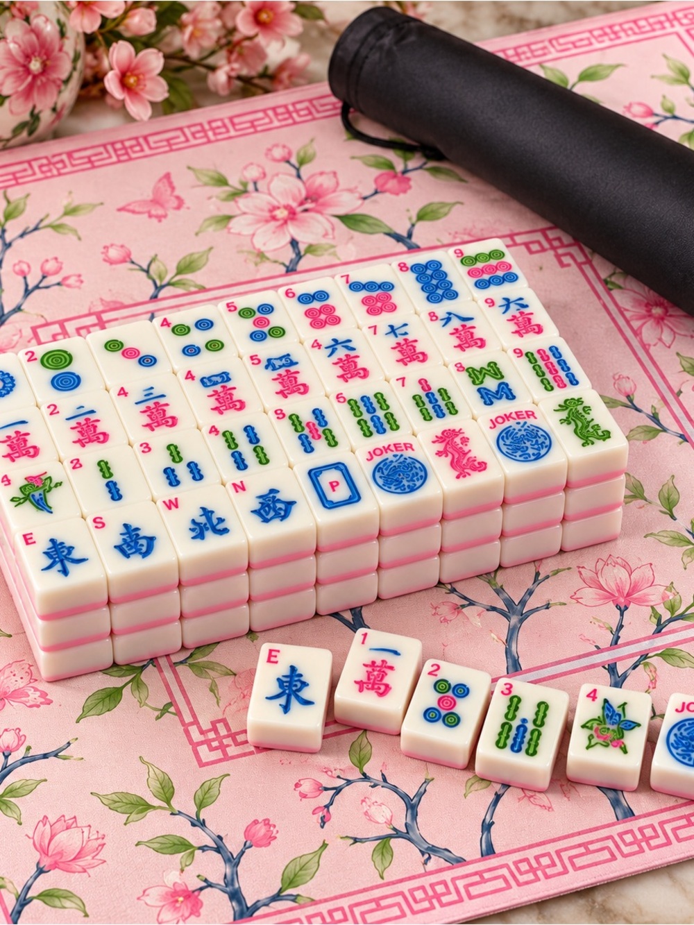 American Mahjong Set 166 Tiles + Pink Chinoiserie Mahjong Mat Complete Tile Set